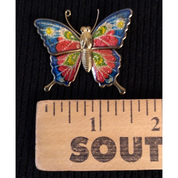 Vintage Butterfly Pin Brooch Enamel Wing Glitter Inlay Gold Tone Design - Picture 6 of 6